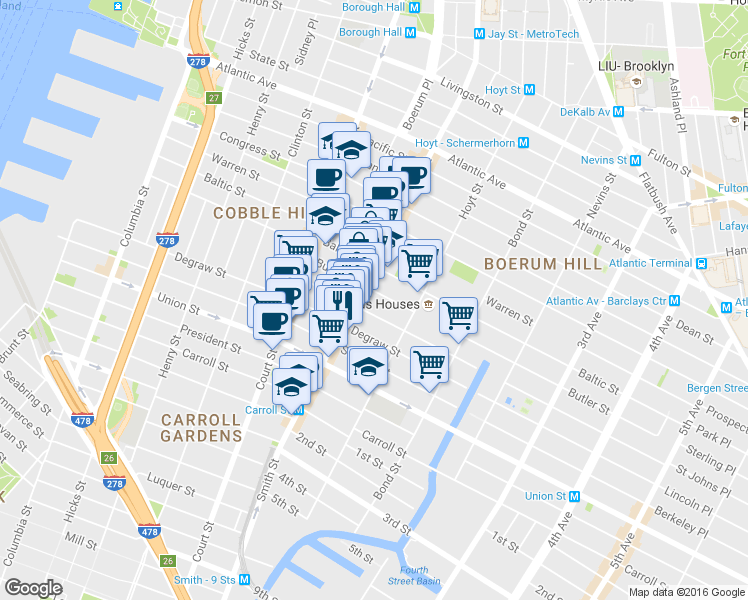 map of restaurants, bars, coffee shops, grocery stores, and more near 84 Douglass Street in Brooklyn