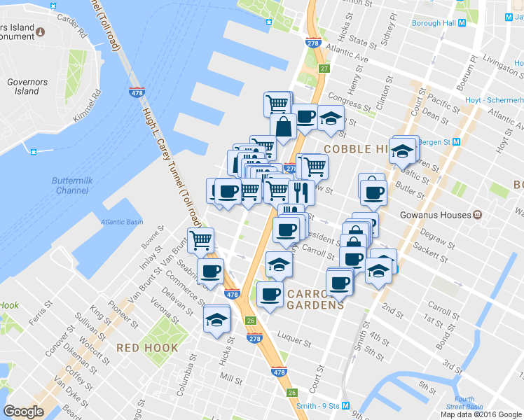map of restaurants, bars, coffee shops, grocery stores, and more near 87 Carroll Street in Brooklyn