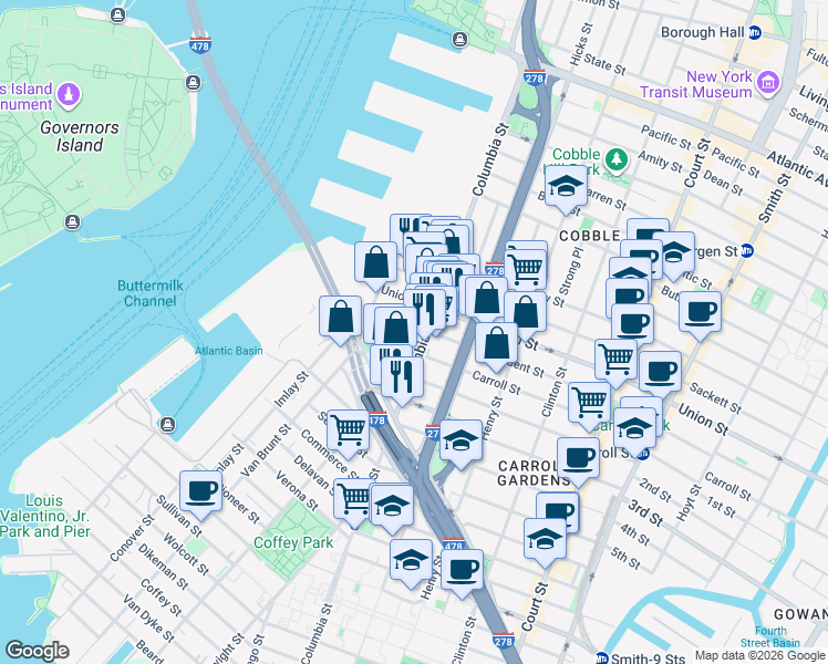 map of restaurants, bars, coffee shops, grocery stores, and more near 50 Carroll Street in Brooklyn