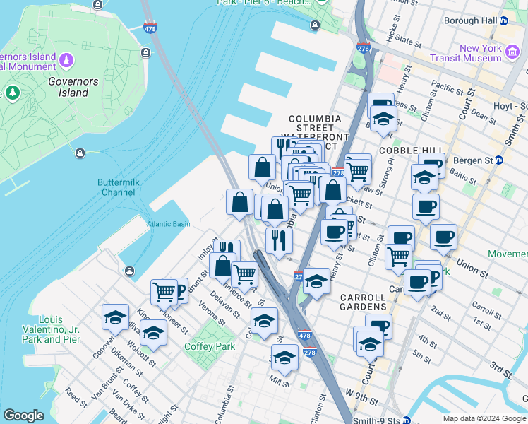 map of restaurants, bars, coffee shops, grocery stores, and more near 100 Hamilton Avenue in Brooklyn
