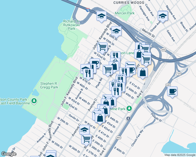 map of restaurants, bars, coffee shops, grocery stores, and more near 67 West 48th Street in Bayonne