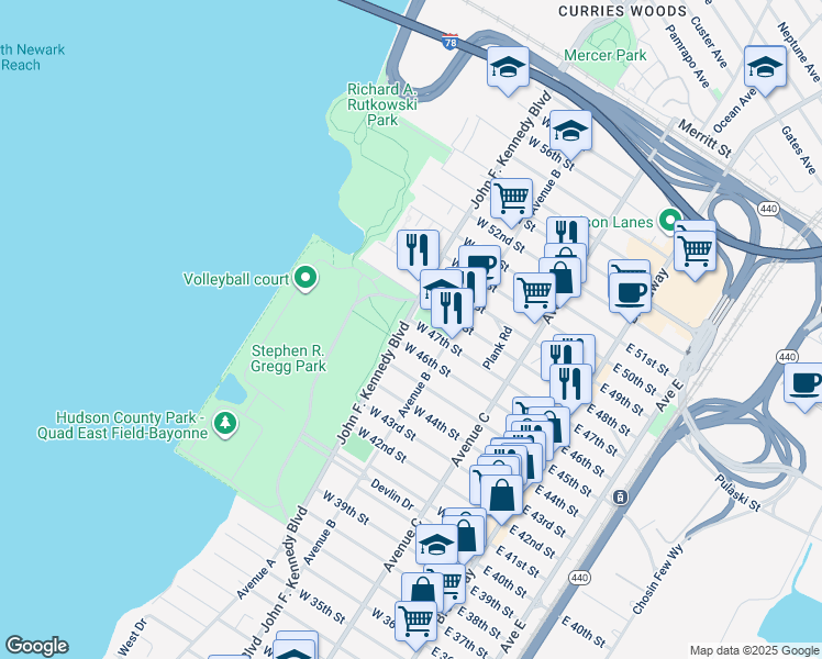 map of restaurants, bars, coffee shops, grocery stores, and more near 1074 John F. Kennedy Boulevard in Bayonne