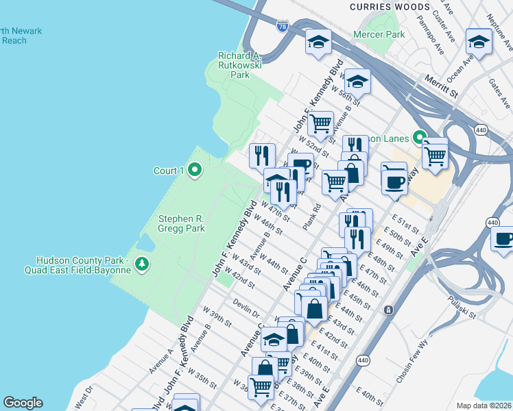 map of restaurants, bars, coffee shops, grocery stores, and more near 1074 John F. Kennedy Boulevard in Bayonne