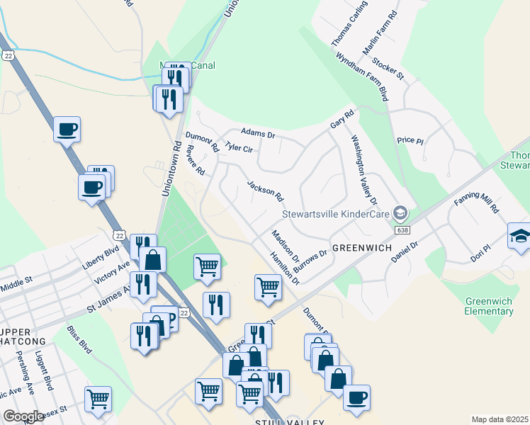 map of restaurants, bars, coffee shops, grocery stores, and more near 501 Madison Drive in Stewartsville