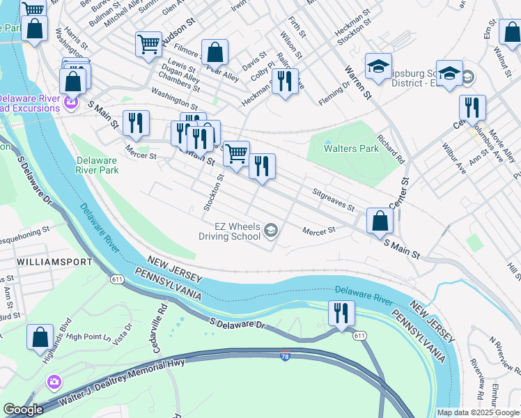 map of restaurants, bars, coffee shops, grocery stores, and more near 254 Mercer Street in Phillipsburg