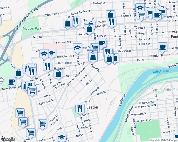map of restaurants, bars, coffee shops, grocery stores, and more near 141 North 10th Street in Easton