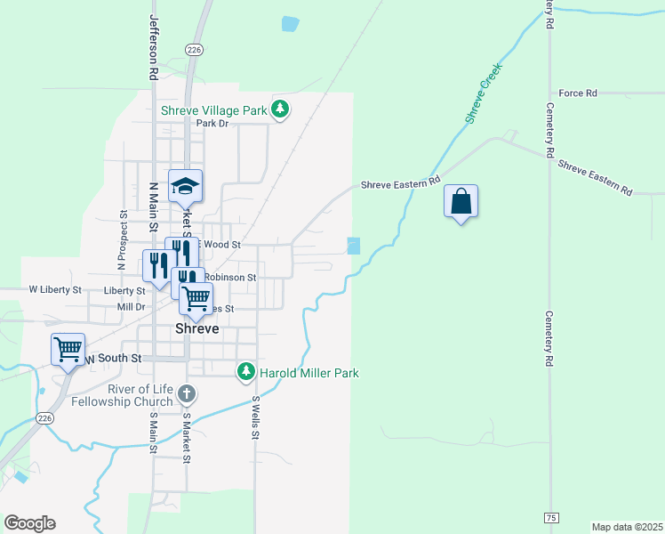 map of restaurants, bars, coffee shops, grocery stores, and more near 330 Water Street in Shreve