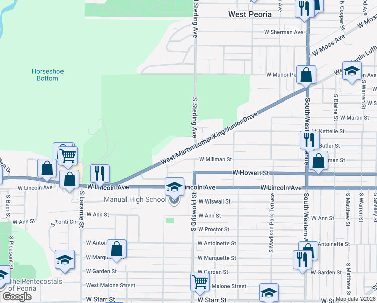 map of restaurants, bars, coffee shops, grocery stores, and more near 2424 West Millman Street in Peoria