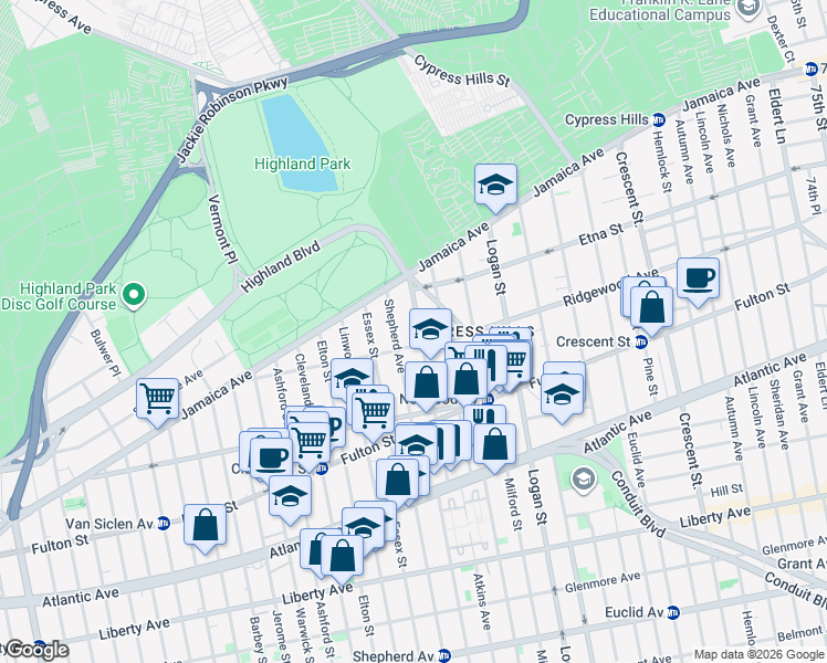 map of restaurants, bars, coffee shops, grocery stores, and more near 70 Highland Place in Brooklyn