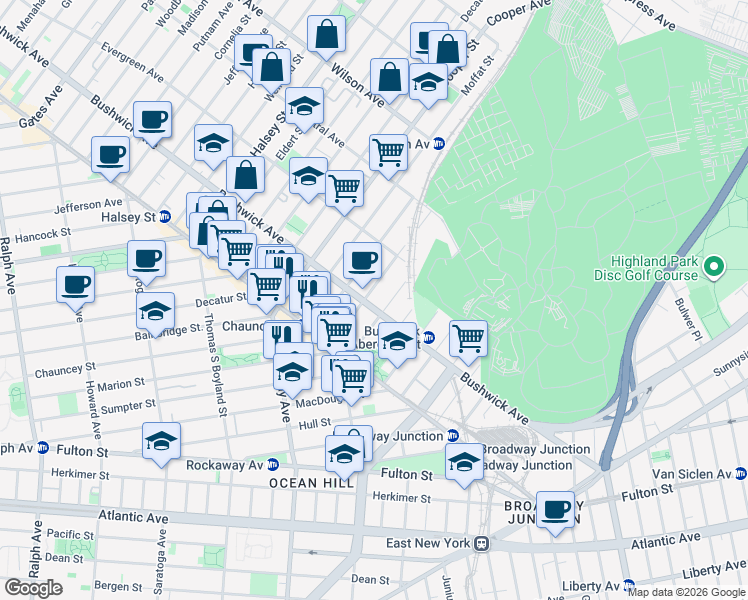 map of restaurants, bars, coffee shops, grocery stores, and more near 1469 Bushwick Avenue in Brooklyn