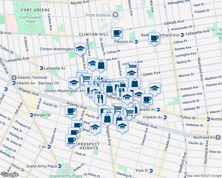 map of restaurants, bars, coffee shops, grocery stores, and more near 195 Saint James Place in Brooklyn