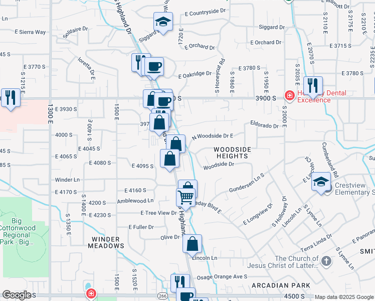 map of restaurants, bars, coffee shops, grocery stores, and more near 1728 East Woodside Drive in Holladay