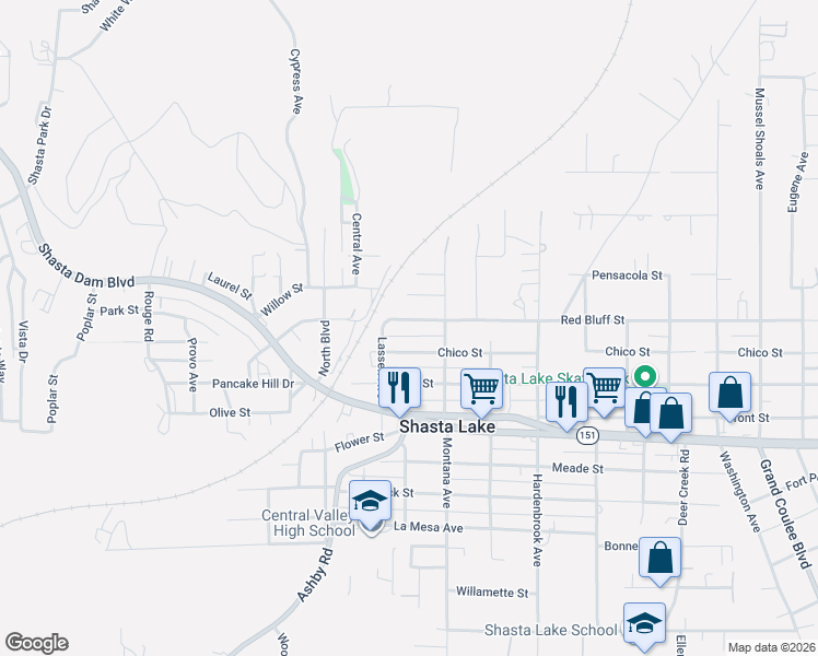 map of restaurants, bars, coffee shops, grocery stores, and more near 4141 Red Bluff Street in Shasta Lake
