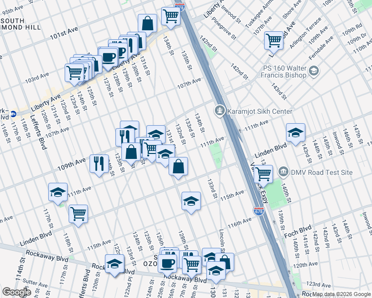 map of restaurants, bars, coffee shops, grocery stores, and more near 111-16 132nd Street in Queens