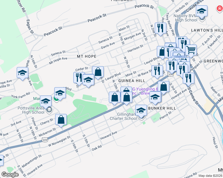 map of restaurants, bars, coffee shops, grocery stores, and more near 1126 Arch Street in Pottsville