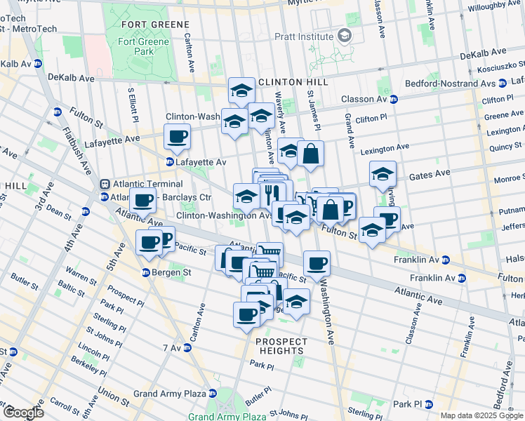 map of restaurants, bars, coffee shops, grocery stores, and more near Fulton Street & Vanderbilt Avenue in Brooklyn