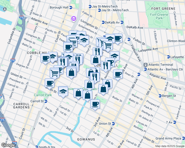 map of restaurants, bars, coffee shops, grocery stores, and more near 391 Warren Street in Brooklyn