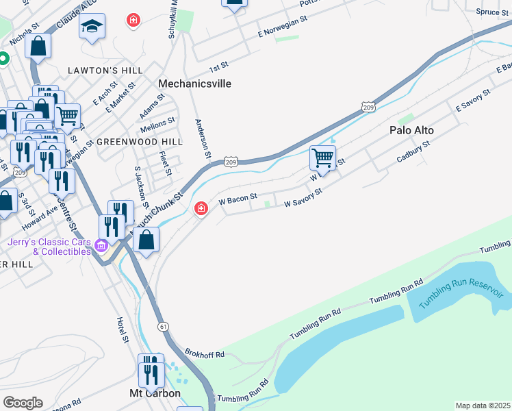 map of restaurants, bars, coffee shops, grocery stores, and more near 18 Mary Street in Pottsville