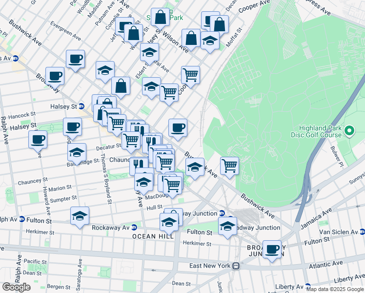 map of restaurants, bars, coffee shops, grocery stores, and more near 1465 Bushwick Avenue in Brooklyn