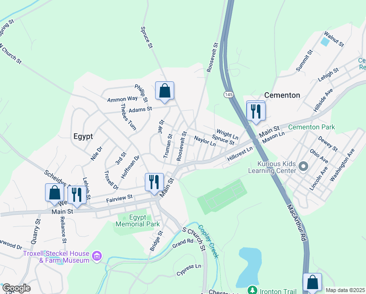 map of restaurants, bars, coffee shops, grocery stores, and more near 4143 Roosevelt Street in Lehigh County