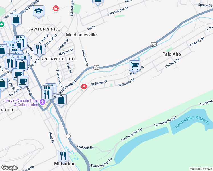 map of restaurants, bars, coffee shops, grocery stores, and more near 18 Mary Street in Pottsville