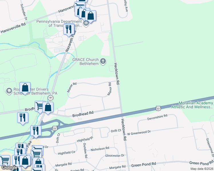 map of restaurants, bars, coffee shops, grocery stores, and more near 3505 Manor Road in Bethlehem