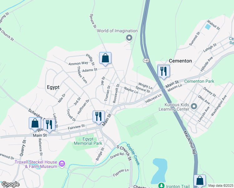 map of restaurants, bars, coffee shops, grocery stores, and more near 4143 Roosevelt Street in Lehigh County
