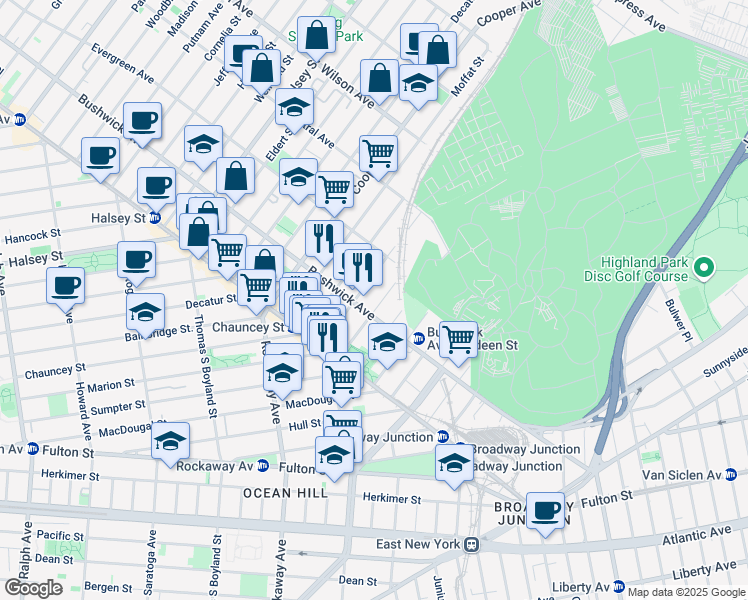 map of restaurants, bars, coffee shops, grocery stores, and more near 1503 Bushwick Avenue in Brooklyn
