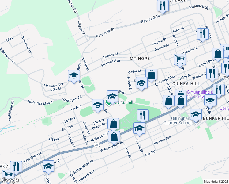 map of restaurants, bars, coffee shops, grocery stores, and more near 1541 Laurel Boulevard in Pottsville