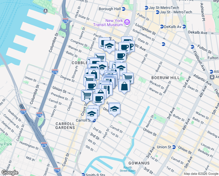 map of restaurants, bars, coffee shops, grocery stores, and more near 84 Douglass Street in Brooklyn