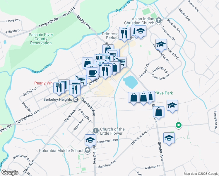 map of restaurants, bars, coffee shops, grocery stores, and more near 430 Springfield Avenue in Berkeley Heights