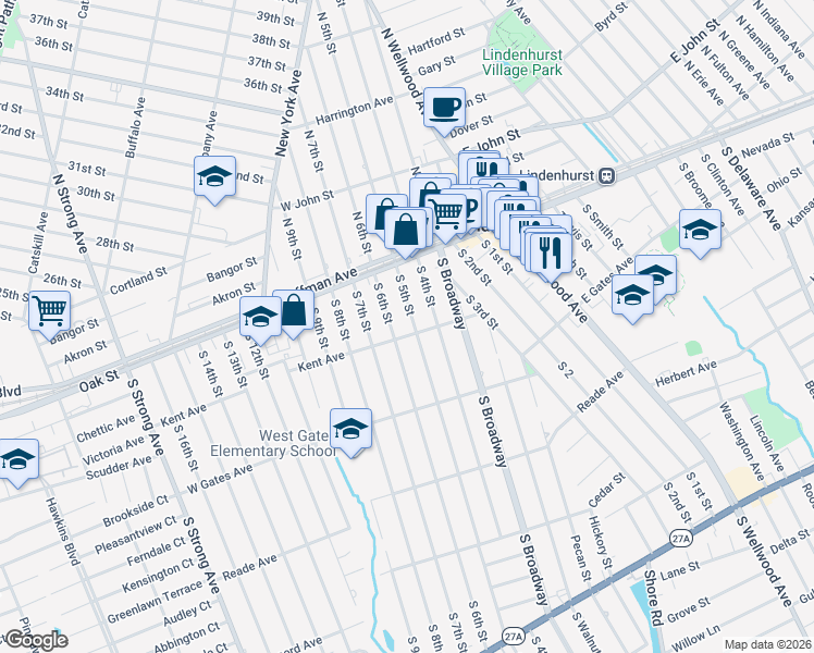 map of restaurants, bars, coffee shops, grocery stores, and more near 223 South 5th Street in Lindenhurst