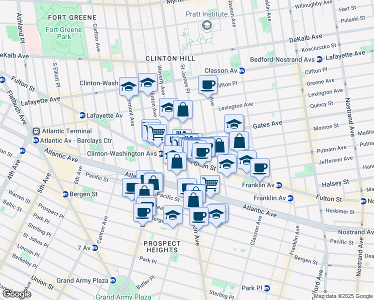 map of restaurants, bars, coffee shops, grocery stores, and more near 900 Fulton Street in Brooklyn