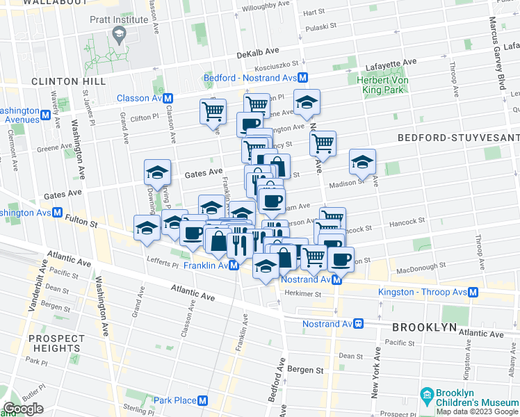 map of restaurants, bars, coffee shops, grocery stores, and more near 1184 Bedford Avenue in Brooklyn