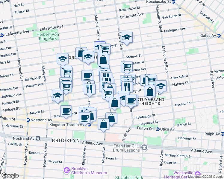 map of restaurants, bars, coffee shops, grocery stores, and more near 446 Hancock Street in Brooklyn