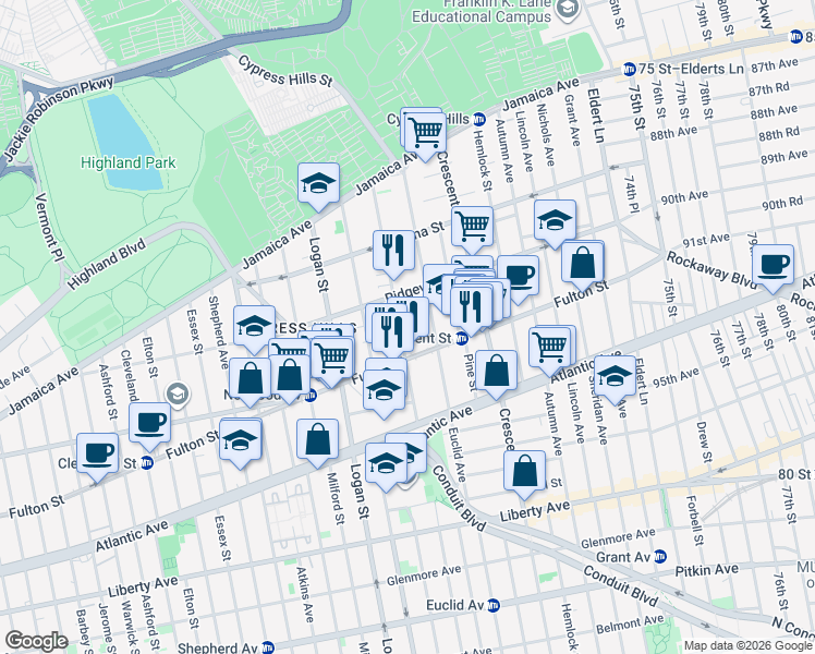 map of restaurants, bars, coffee shops, grocery stores, and more near 3249 Fulton Street in Brooklyn