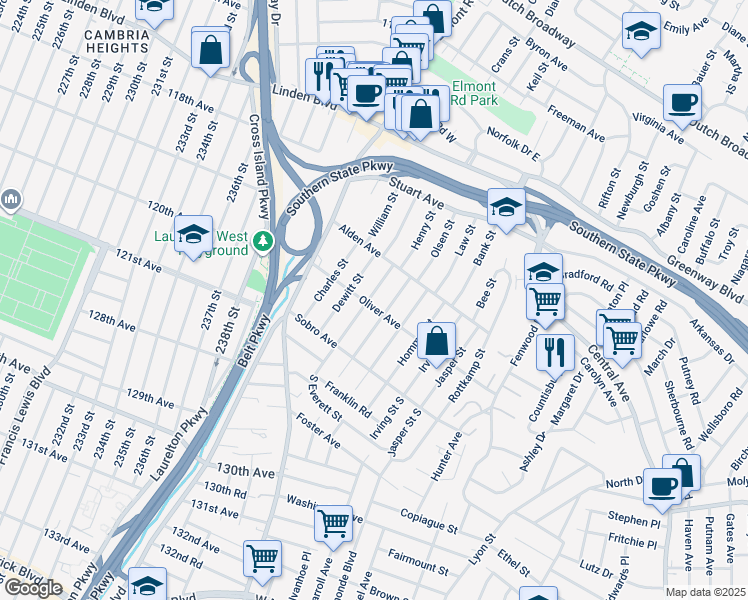 map of restaurants, bars, coffee shops, grocery stores, and more near 84 Oliver Avenue in Valley Stream
