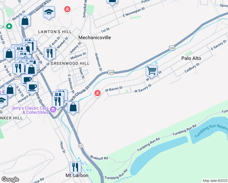 map of restaurants, bars, coffee shops, grocery stores, and more near 420 West Bacon Street in Pottsville