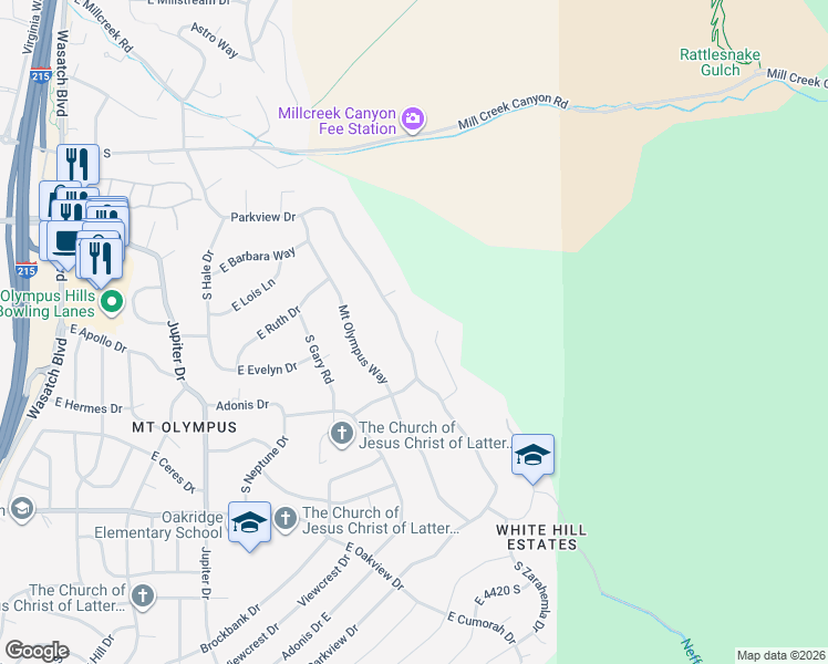 map of restaurants, bars, coffee shops, grocery stores, and more near 4005 Parkview Drive in Salt Lake City