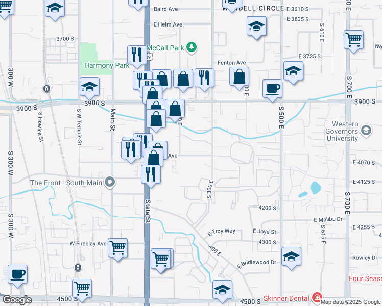 map of restaurants, bars, coffee shops, grocery stores, and more near 219 East Hill Avenue in Murray