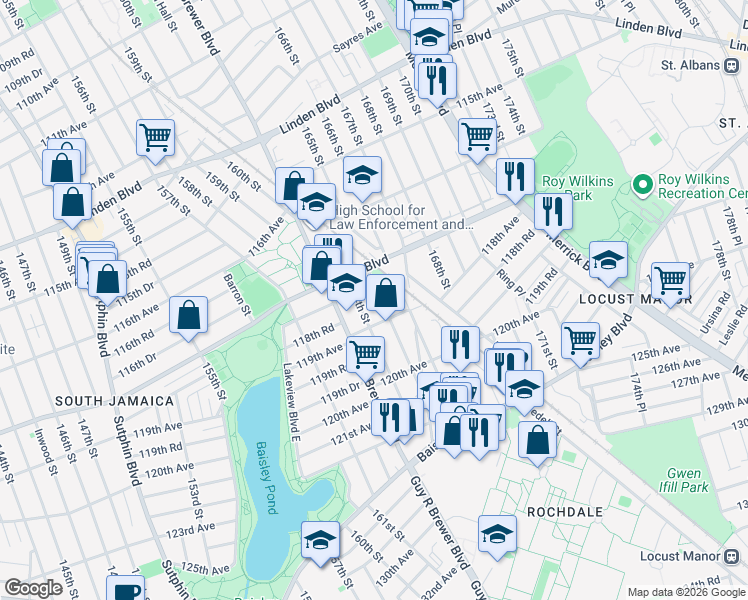 map of restaurants, bars, coffee shops, grocery stores, and more near 117-36 165th Street in Queens