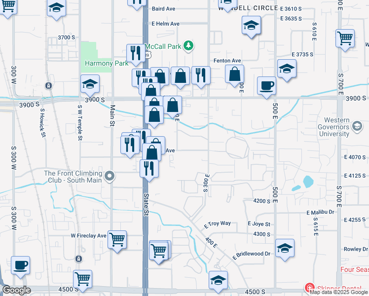 map of restaurants, bars, coffee shops, grocery stores, and more near 265 East Hill Avenue in Murray