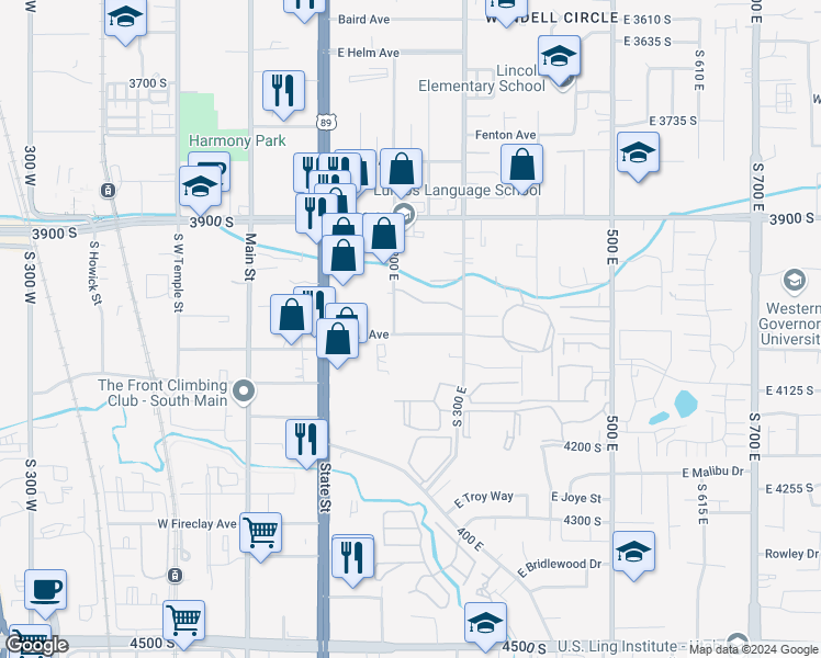 map of restaurants, bars, coffee shops, grocery stores, and more near 265 East Hill Avenue in Murray