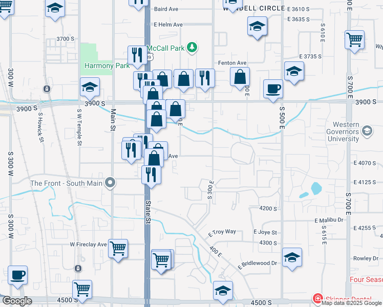 map of restaurants, bars, coffee shops, grocery stores, and more near 219 East Hill Avenue in Murray