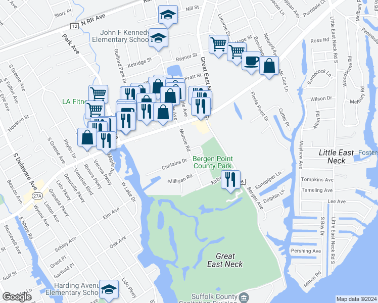 map of restaurants, bars, coffee shops, grocery stores, and more near 67 Muncie Road in West Babylon