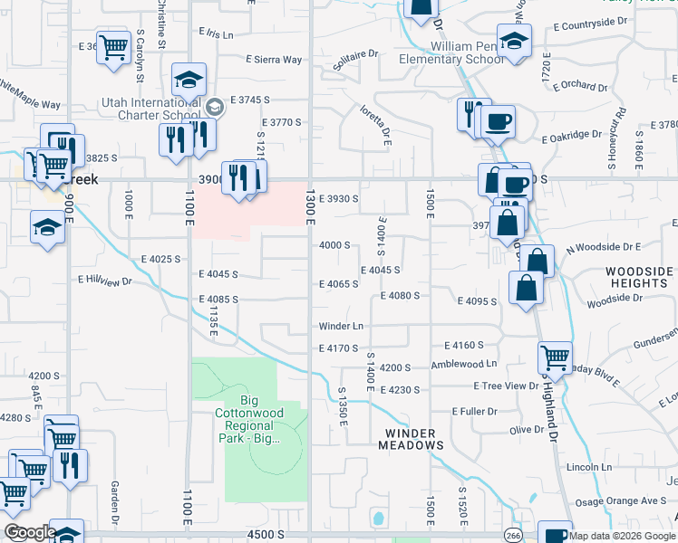 map of restaurants, bars, coffee shops, grocery stores, and more near 4038 South Golden Circle in Millcreek