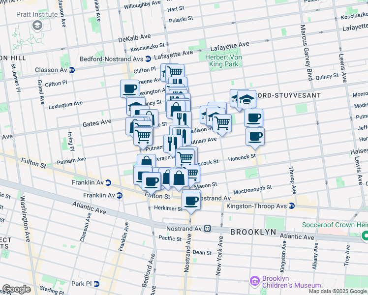 map of restaurants, bars, coffee shops, grocery stores, and more near 224 Madison Street in Brooklyn