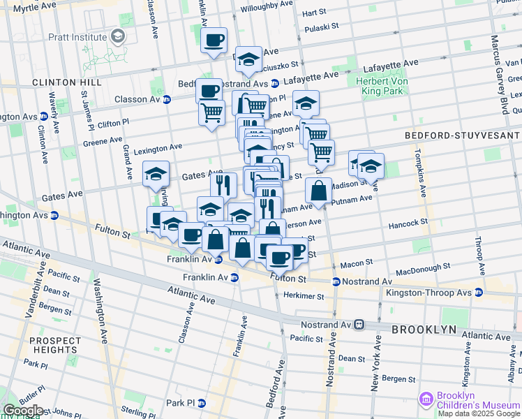 map of restaurants, bars, coffee shops, grocery stores, and more near 1184 Bedford Avenue in Brooklyn