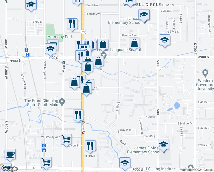 map of restaurants, bars, coffee shops, grocery stores, and more near 233 East Hill Avenue in Millcreek
