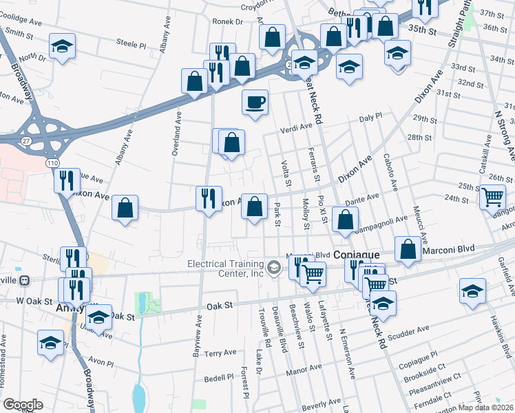 map of restaurants, bars, coffee shops, grocery stores, and more near 33 Dixon Avenue in Copiague